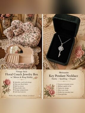 Floral Couch Jewelry Box + Moissanite Key Necklace Bundle 💕✨